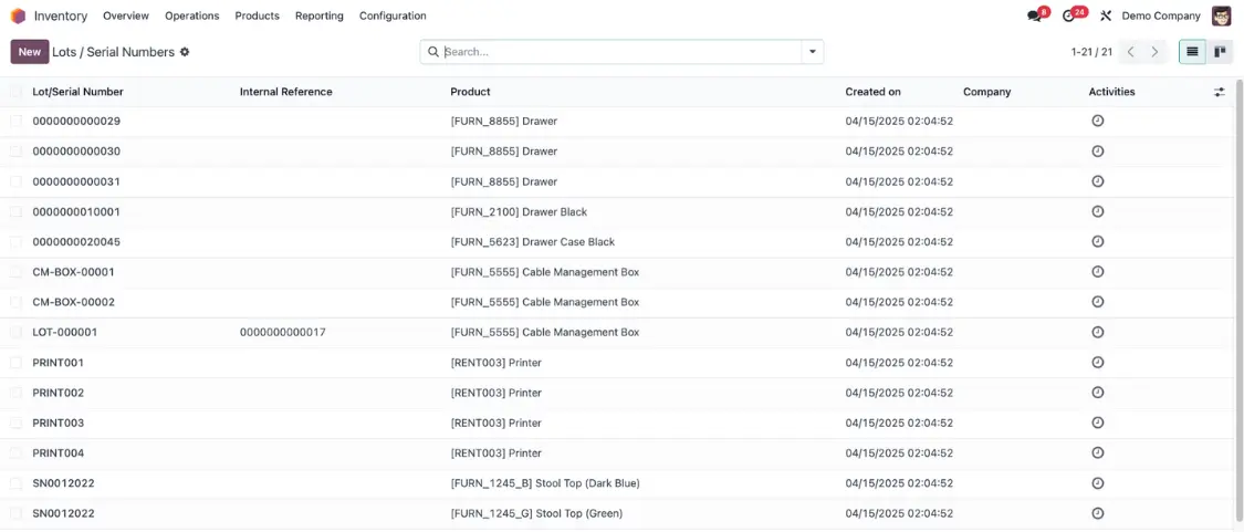 Odoo Inventory Management lot and serial number tracking for product traceability
