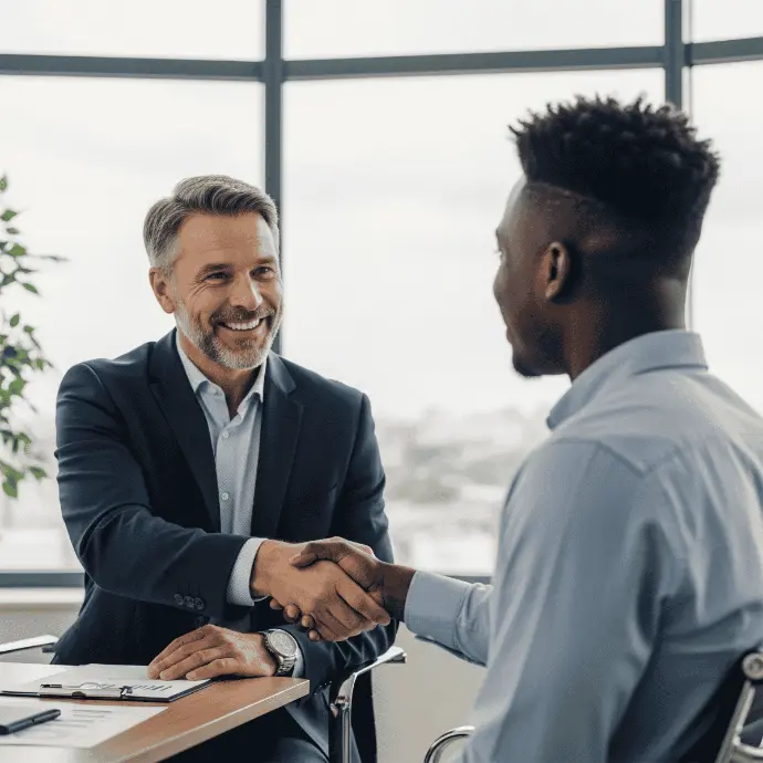 Two business professionals meeting and shaking hands in an office.